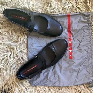 Prada flats black shoes Mary Jane Velcro straps. Like new dust bag included!